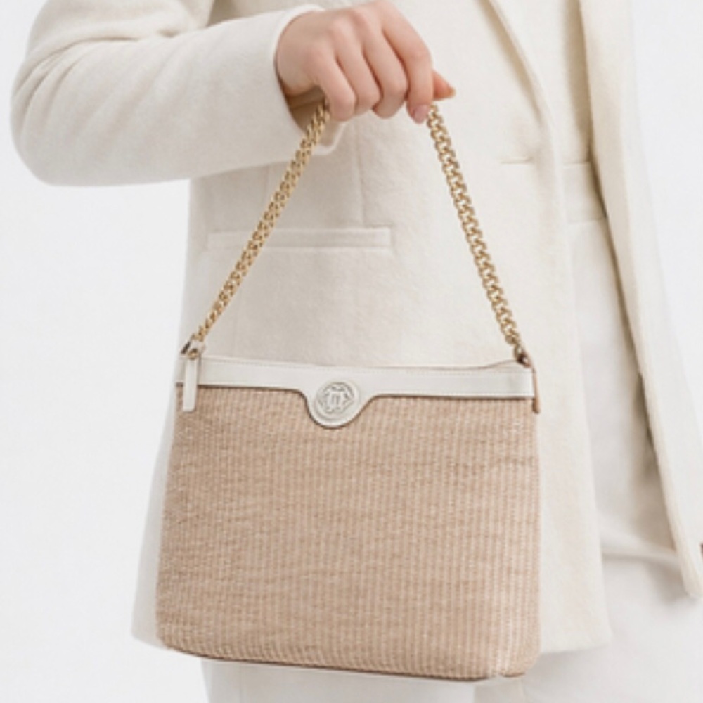 New NANETTE LEPORE Woven Straw Gold Chain Shoulder Bag Ecru\Blush